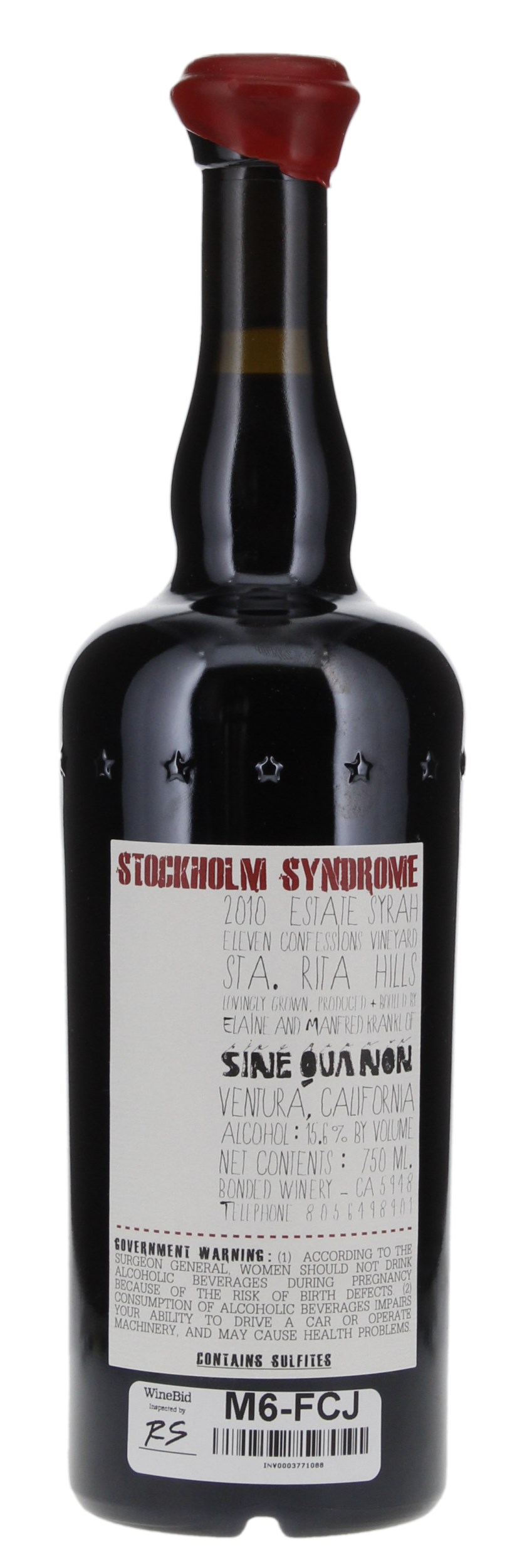 2010 Sine Qua Non Stockholm Syndrome Eleven Confessions Vineyard Syrah, 750ml